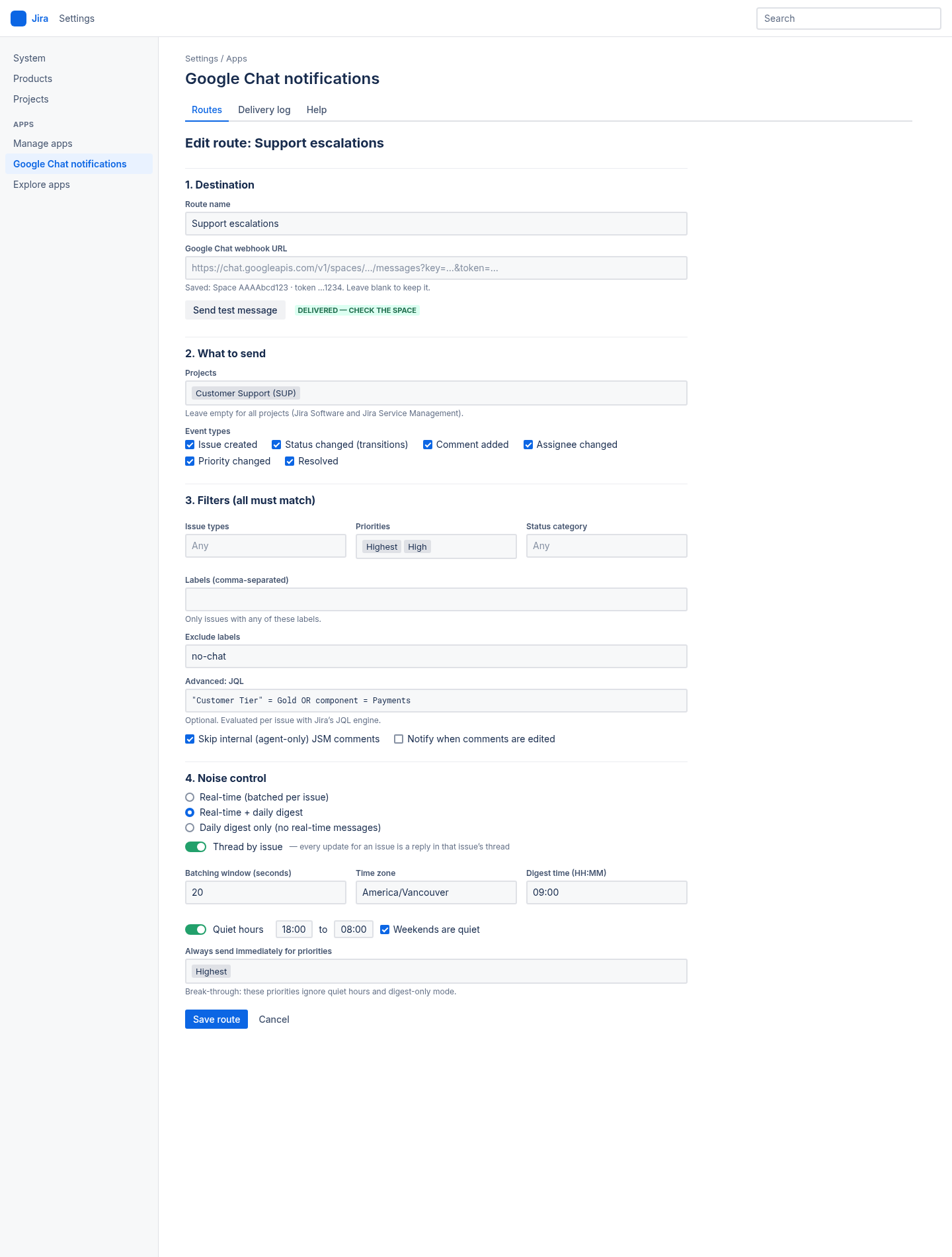 Route filters and schedule